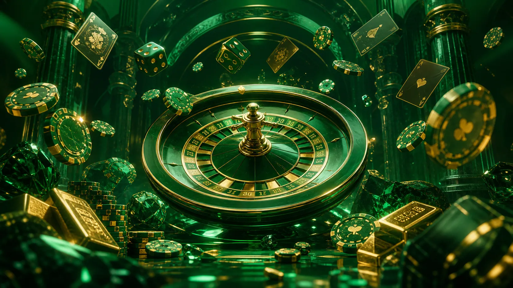 Luxurious casino-themed hero banner for Totbet featuring floating poker chips, vibrant glowing dice, and neon roulette wheel 